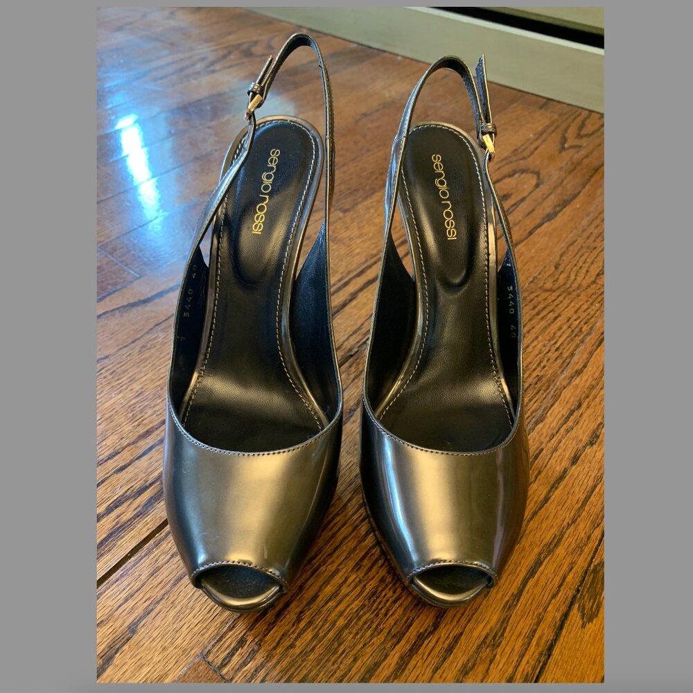 Sergio Rossi Metallic Grey Patent Leather Platform Slingback - Size 40